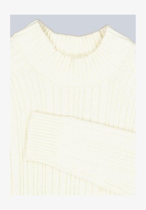Ribbed cream sweater featuring a high, round neckline and long sleeves. Made of soft, textured fabric with vertical stripes.