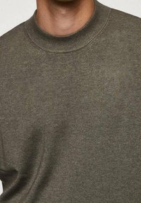 Maglione a maglia verde oliva con collo rotondo, caratterizzato da una consistenza morbida e un collo a coste. Design semplice e senza cuciture, privo di motivi o accenti.