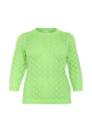 Sweter z dzianiny koronkowej w jaskrawym zielonym kolorze, z fakturowanym wzorem diamentowym, okrągłym dekoltem i rękawami o długości trzy czwarte.