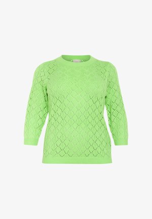 Pletena pulover od čipkastog materijala u svijetlozelenoj boji, s teksturiranim dijamantnim uzorkom, okruglim izrezom i rukavima do tri četvrtine.