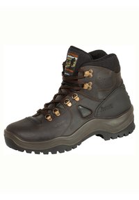 Braune Wanderstiefel mit Lederoberteil, Textilkragen, Metallschnürsenkeln, gepolsterter Zunge und strukturiertem Gummisohle für Grip. Mit Logoetikett.