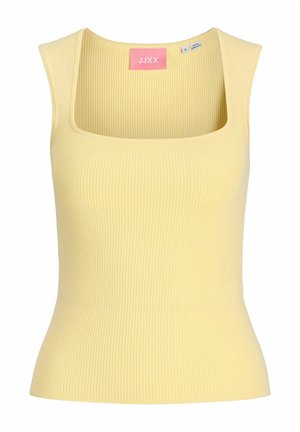 Mouwloze geribbelde gebreide tanktop in lichtgeel met een vierkante halslijn en getailleerde taille, maat small, gemaakt in Bangladesh.