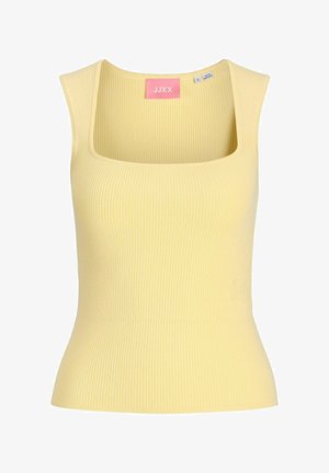 Camiseta de tirantes sin mangas de punto acanalado en amarillo pálido con escote cuadrado y cintura ajustada, talla pequeña, fabricada en Bangladesh.