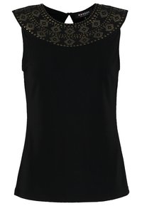 Haut noir sans manches avec un col rond décoré de clous dorés formant des motifs géométriques et un petit détail d'œillet au dos.