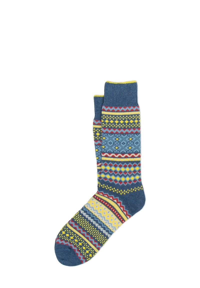 Calzini multicolori con base blu e motivi geometrici in giallo, rosso e bianco. Tessuto a maglia con polsini a coste.