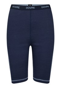 Marine kompressionsshorts med DOVRE-logo på taljen, glat overflade og kontrasterende lyseblå syninger langs kanten og siderne.