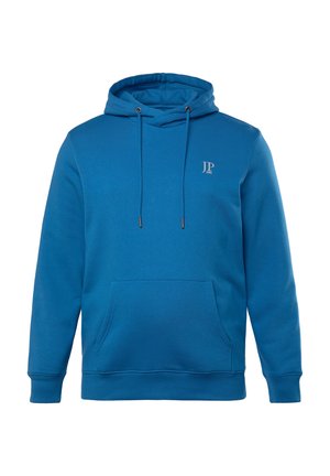 Blå hættetrøje lavet af blødt stof, med en frontlomme, snoretræk og et lille logo på brystet.