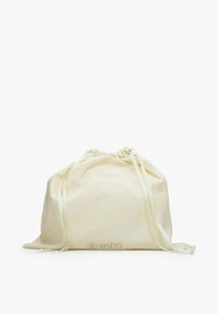 Worek ze sznurkiem w kolorze off-white, z zaciskaną górą i pasującymi wstążkami. Dyskretne logo nadrukowane na przodzie. Gładka tekstura.
