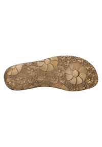 Braune Gummisohle mit einem geprägten Blumenmuster, das verschiedene Blumenformen und -größen zeigt und ein strukturiertes Design über die Oberfläche bietet.