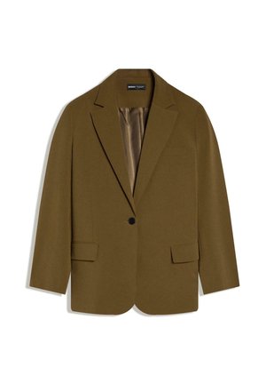Blazer vert olive à un bouton avec revers crantés, deux poches à rabat devant et doublure intérieure en satin, présenté à plat sur fond blanc.