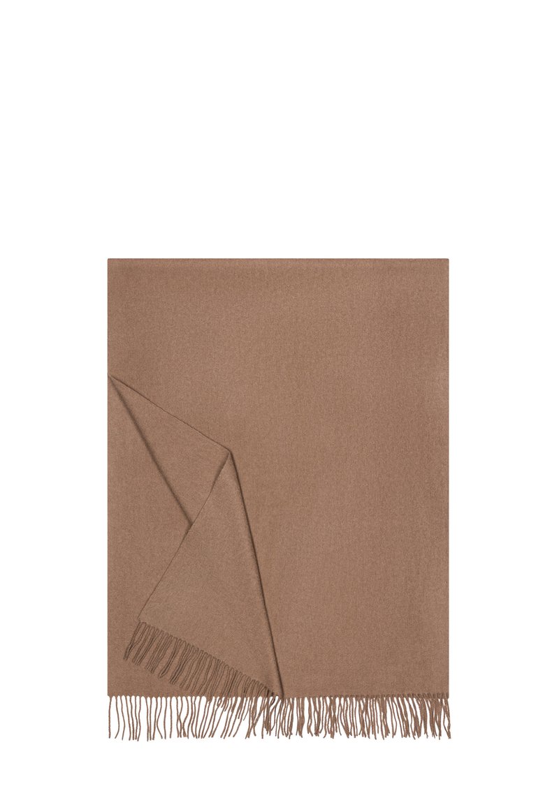 Brown wool blend blanket with a soft texture, featuring a fringed edge and a folded corner for versatile use.