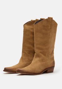 Tan suede cowboy boots with a pointed toe, stitched detailing on the shaft, side pull tabs, and a stacked wooden heel.