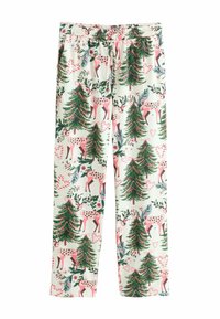 Bawełniane spodnie piżamowe z jednolitym wzorem różowych jeleni i zielonych drzew z różowymi kokardkami na kremowym tle. Elastyczny pas.
