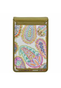 Bloemenpatroon portemonnee met een witte achtergrond, met kleurrijke paisley designs in roze, groen en oranje, afgewerkt met gouden stof.