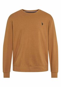 Brun sweatshirt med långa ärmar, rund nacke och liten broderad logga på bröstet. Mjuk tyg med en slät yta.