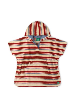 Hooded short-sleeve poncho with red, cream, and blue horizontal stripes and a front kangaroo pocket.