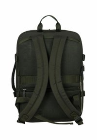 Zaino verde con schienale a rete, dotato di spallacci ergonomici imbottiti, doppia cerniera e maniglia superiore, caratterizzato da un design rettangolare e tasche di ulteriore stoccaggio.