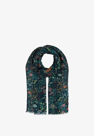 Dunkelgrüner Schal mit einem floralen Muster in verschiedenen Farben. Leicht, mit fransigen Kanten und weicher Textur für Komfort.