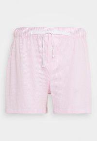 Ljust rosa badshorts med vita horisontella ränder, elastisk midja, dragsko-stängning och en enda sidficka.