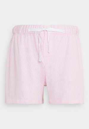 Shorts de bain rose clair avec des rayures blanches horizontales, taille élastique, fermeture à cordon de serrage et une seule poche latérale.