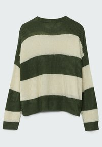 Striped sweater featuring alternating wide olive green and cream bands, made of a chunky knit fabric, with a relaxed fit and a crew neck.