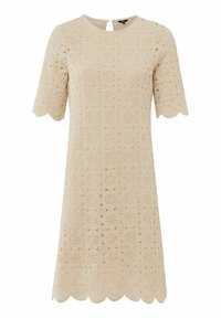 Spetsklänning i neutral beige med rund halsringning och korta ärmar. Har en scalloped fåll och cirkulärt mönster genom hela. Nyckelhålsstängning bak.