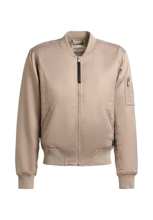 Beige Bomberjacke mit Frontreißverschluss, zwei Taschen mit Druckknöpfen, gerippten Bündchen und Saum sowie einer Reißverschlusstasche am linken Ärmel.