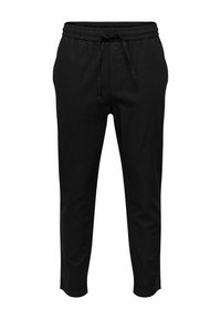 Svarta joggingbyxor med elastisk midja, justerbar dragsko, två sidofickor och smalnande ben. Slät bomullsblandningstyg.