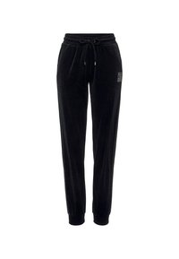 Schwarze Velour-Jogginghose mit elastischem Bund und Kordelzug, mit seitlichen Akzenten aus kleinen Ausschnitten und einem Logodetail auf der Vorderseite.