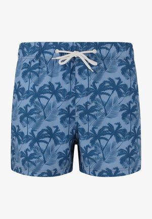 Blaue Badeshorts mit dunkelblauem Palmenmuster und weißem Kordelzug am elastischen Bund.