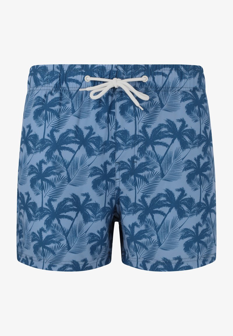 Shorts de bain bleus avec un motif de palmiers bleu foncé et un cordon blanc à la ceinture élastique.