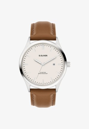 Horloge met bruine leren band, zilverkleurige roestvrijstalen kast, crèmekleurige wijzerplaat, zilveren wijzers en datumweergave. Waterbestendig tot 50 meter.