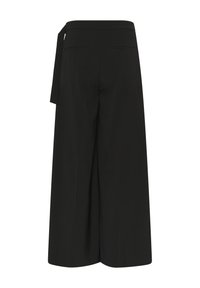 Zwarte wijde broek met hoge taille, zijstrikceintuur en twee achterzakken, getoond vanaf de achterkant op een witte achtergrond.