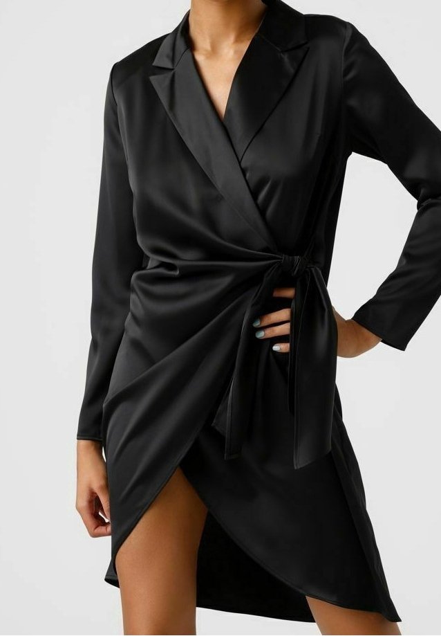Femme portant une robe portefeuille noire à manches longues avec un nœud sur le côté et une fente avant haute jusqu’à la cuisse, debout avec une main sur la hanche.