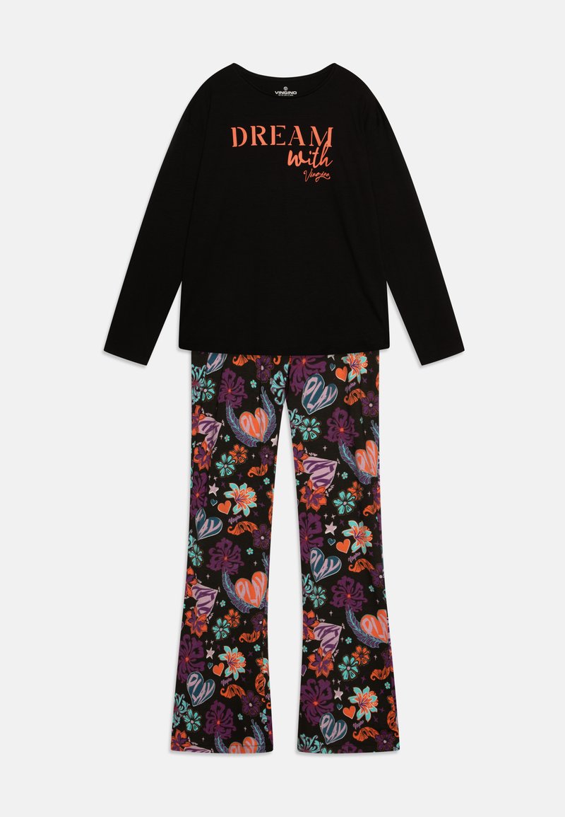 Black long-sleeve top with "DREAM with" text in orange, paired with patterned pajama pants featuring colorful shapes and floral designs on a black background.