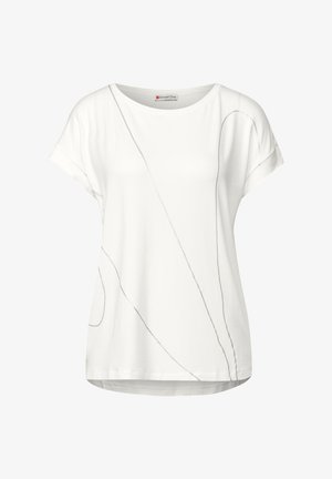 Witte T-shirt met korte mouwen en een ronde hals, voorzien van zwarte lijnpatronen aan de voorkant. Gemaakt van zachte, lichte stof met een relaxte pasvorm.