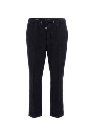 Black, drawstring trousers with a relaxed fit, featuring a smooth fabric and subtle texture, straight legs, and no visible embellishments.