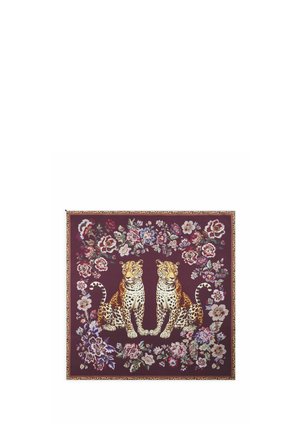 Square fabric with two sitting leopards in the center, surrounded by a border of colorful flowers on a dark purple background.