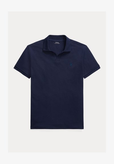 Navy polo shirt, short sleeves, soft cotton fabric, two-button placket, embroidered logo on left chest, classic fit, clean edges.