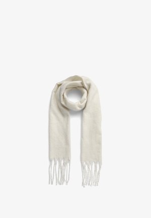 Biały wełniany szalik o miękkiej fakturze, z frędzlami na końcach i gładkim, wydłużonym kształcie. Lekki i ciepły, idealny do noszenia w warstwach.