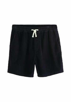 Pantalones cortos de pana negra con cintura elástica, cordón ajustable, dos bolsillos laterales y un patrón acanalado texturizado.