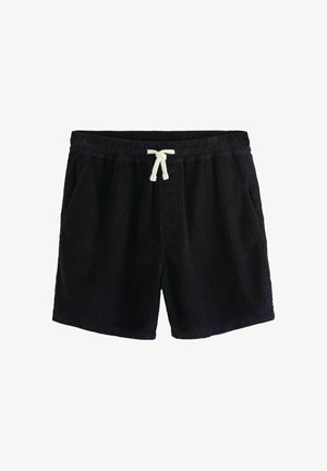 Zwarte corduroy shorts met een elastische tailleband, verstelbare trekkoorden, twee zijzakken en een geribd patroon met textuur.