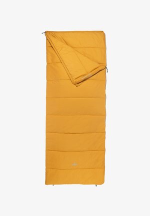 Yellow sleeping bag with a quilted pattern, featuring a partially unzipped top flap. Soft fabric and lightweight design for outdoor use.