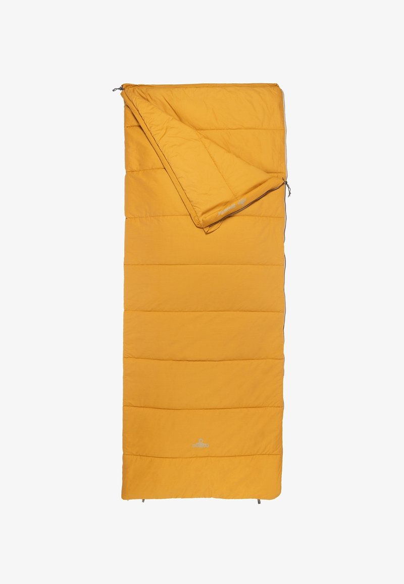 Gelber Schlafsack mit einem gesteppten Muster, der einen teilweise geöffneten oberen Reißverschluss hat. Weicher Stoff und leichtes Design für die Nutzung im Freien.