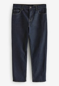 Donkerblauwe rechtvallende jeans van denim, met een vijfzakkenontwerp, contrasterende stiksels en een rechte pijp.
