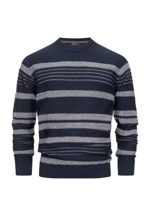 Marineblå strikket sweater med horisontale hvide striber, rund halsudskæring og ribbede manchetter og kant. Har et lille logo-patch nederst.