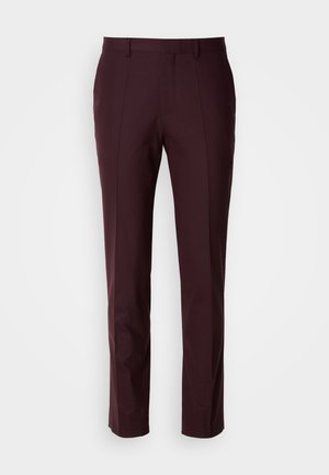 Burgundy trousers featuring a tailored fit, flat front design, and smooth fabric texture, with straight legs and no visible embellishments.