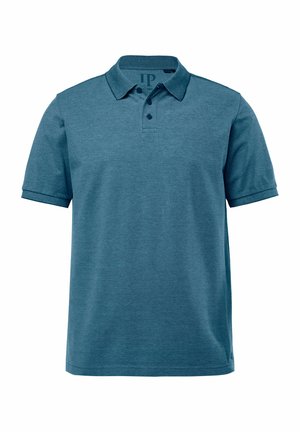 Sininen lyhythihainen poolopaita, jossa on kaulus ja kolme nappia, esillä yksinkertaisella valkoisella taustalla.