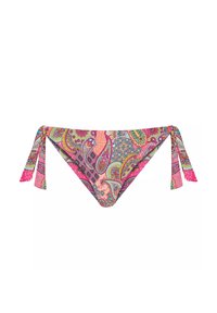 Wielokolorowe majtki bikini z wzorem paisley, w kształcie trójkąta, z wiązaniami po bokach. Materiał wygląda na gładki i elastyczny.