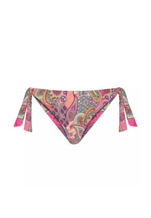 Wielokolorowe majtki bikini z wzorem paisley, w kształcie trójkąta, z wiązaniami po bokach. Materiał wygląda na gładki i elastyczny.